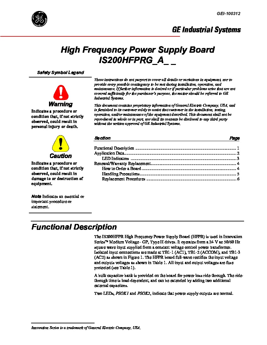 First Page Image of IS200HFPRG High Frequency Power Supply Board GEI-100312.pdf